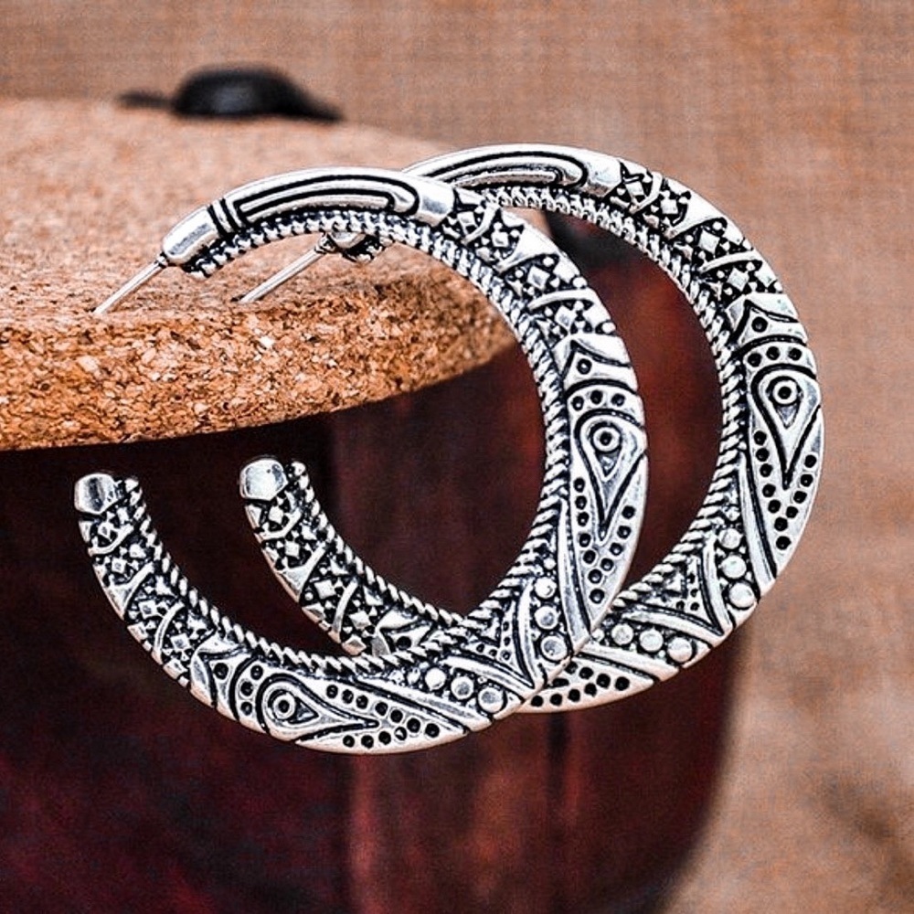 Any 3/$25! Silver Engraved Boho Flat Hoop Earrings - Picture 4 of 10